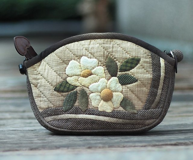 Handmade Patchwork hobo bag with Sashiko embroidery and decorative
