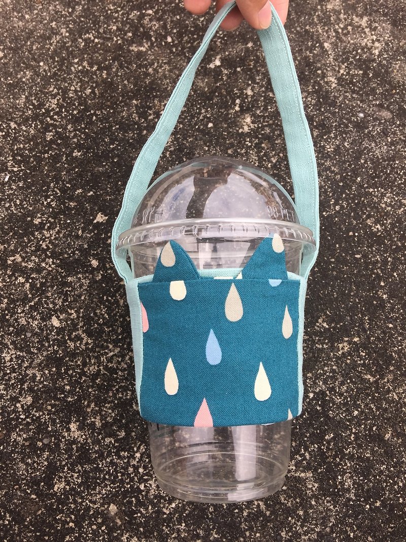 貓耳朵環保杯套/雨滴/收納式/小口袋 - 飲料提袋/杯袋/杯套 - 棉．麻 藍色