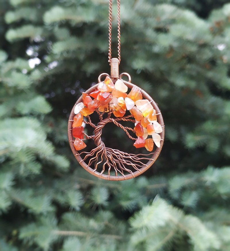 Carnelian Ethnic Tree Of Life with Stone Branches Pendant Necklace for Women/Men - Necklaces - Gemstone Orange