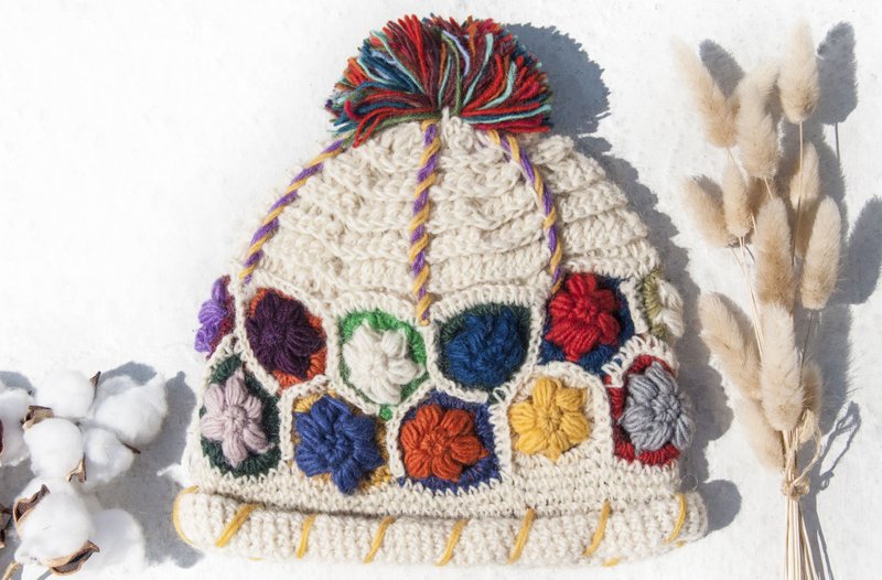Hand-knitted pure wool hat / woven hat / knitted wool hat / inner bristle flower wool hat / wool hat-flower - Hats & Caps - Wool Multicolor