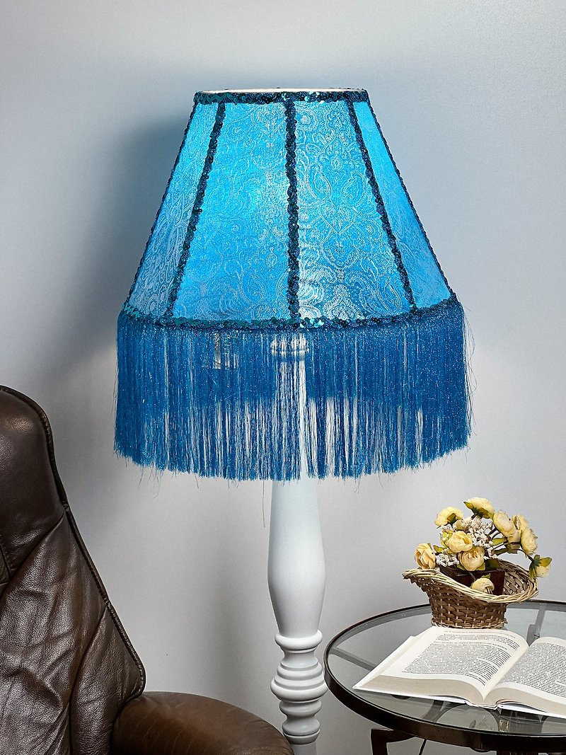 Victorian lampshade blue brocade with fringe - 燈具/燈飾 - 其他材質 藍色