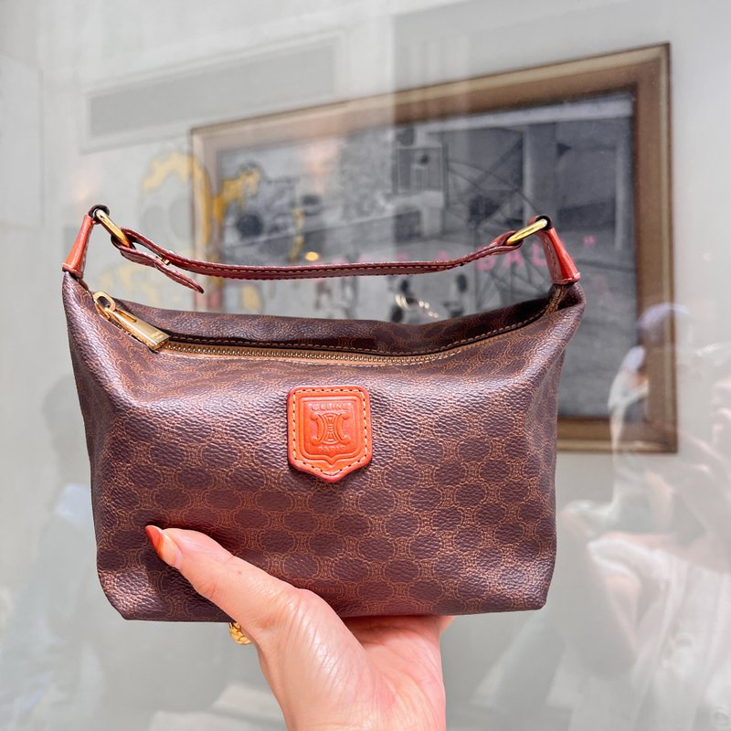 【Japan】Authentic Vintage CELINE Macadam Lunch Box Bag with Leather Strap - Handbags & Totes - Genuine Leather Brown