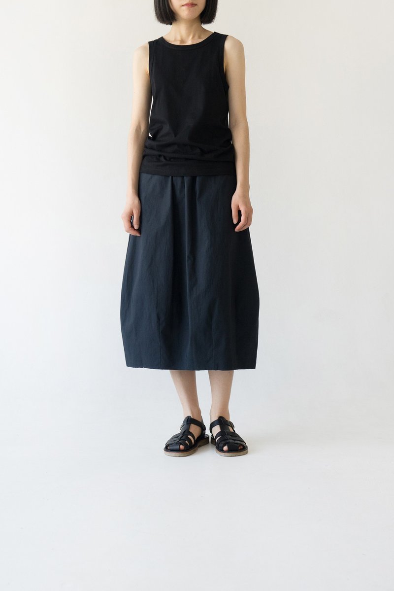 Washed Cotton Navy Blue Elastic Waist Bud Skirt - Skirts - Cotton & Hemp Black