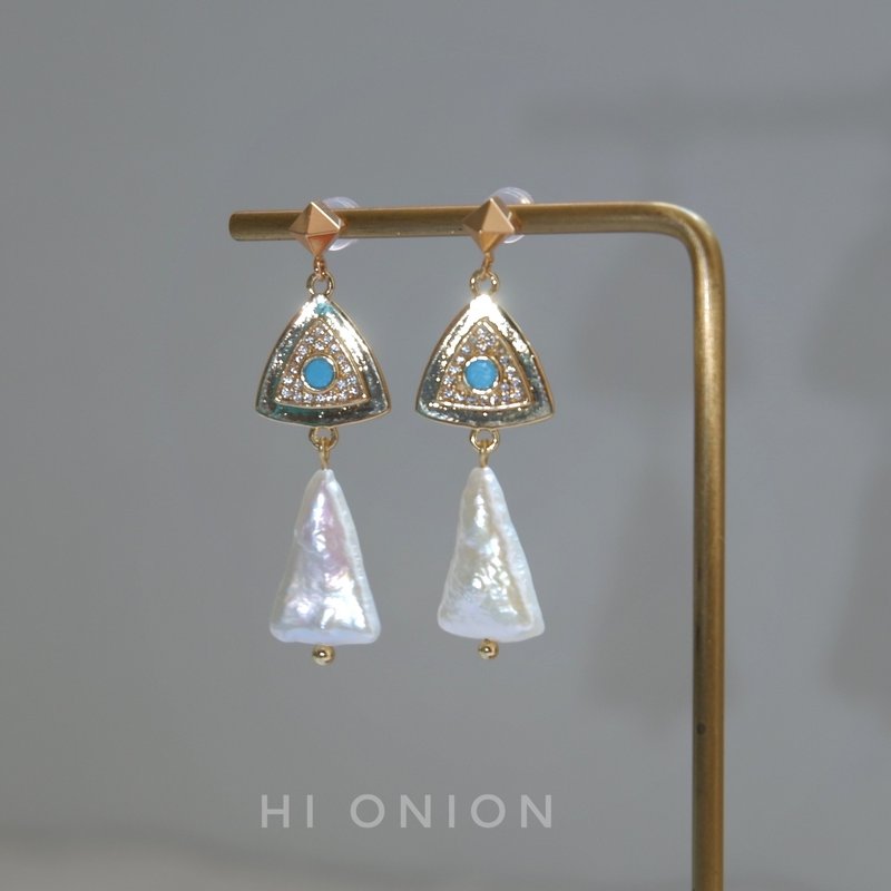 Hi Onion原創設計埃及風三角巴洛克珍珠耳釘復古耳夾小眾個性耳環 - 耳環/耳夾/耳骨夾 - 其他材質 