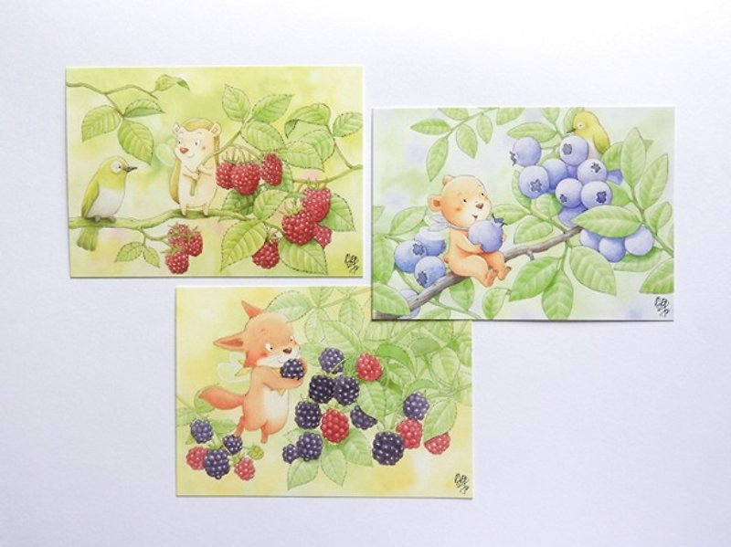 貝果插畫明信片「莓果精靈」（3張） - 卡片/明信片 - 紙 綠色