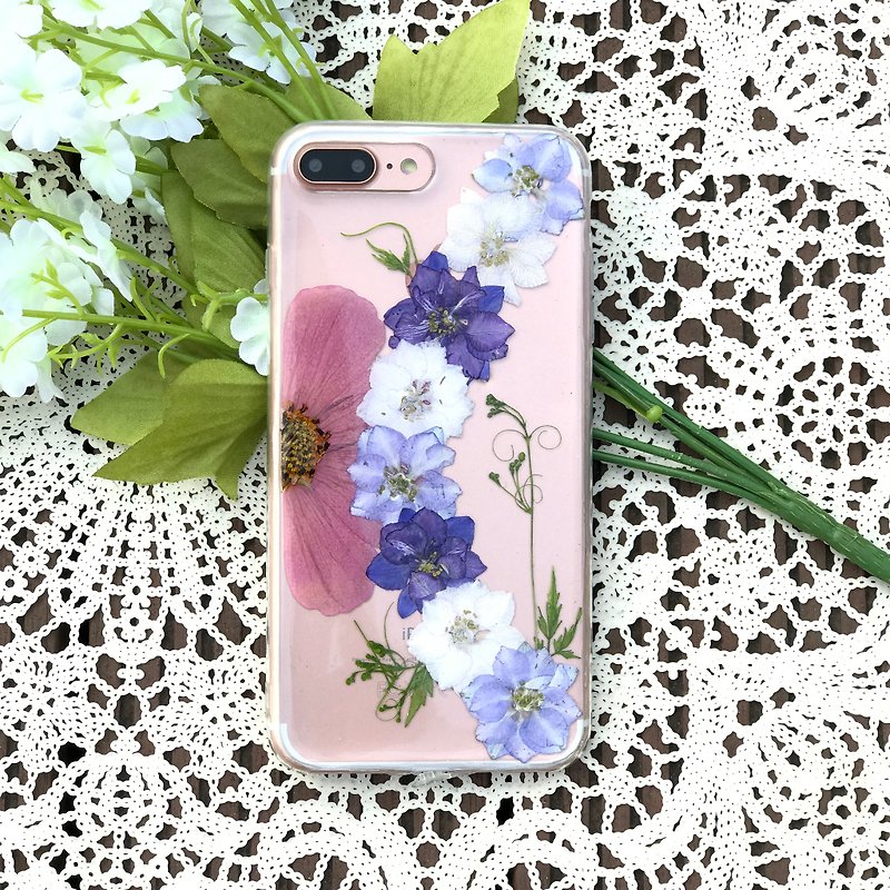 iPhone 7 ケース 本物のお花使用 スマホケース 青 押し花 025 - スマホケース - 寄せ植え・花 パープル
