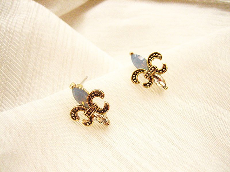French Royal Lily Emblem - Iris Embossed Zircon Earrings - Earrings & Clip-ons - Copper & Brass Blue