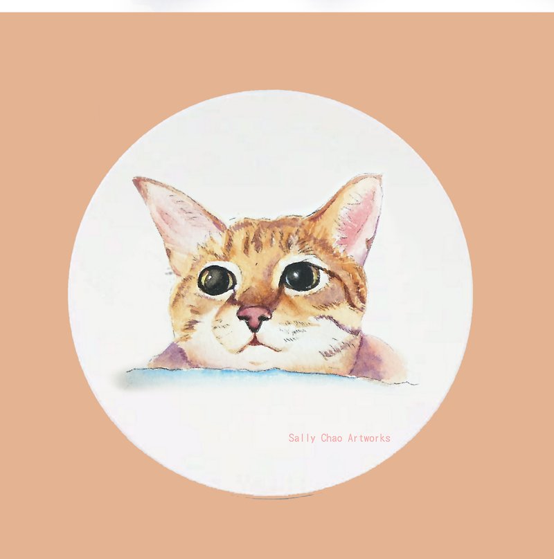 カスタマイズされた手塗りセラミックウォーターコースター - かわいい顔の猫 - コースター - 陶器 