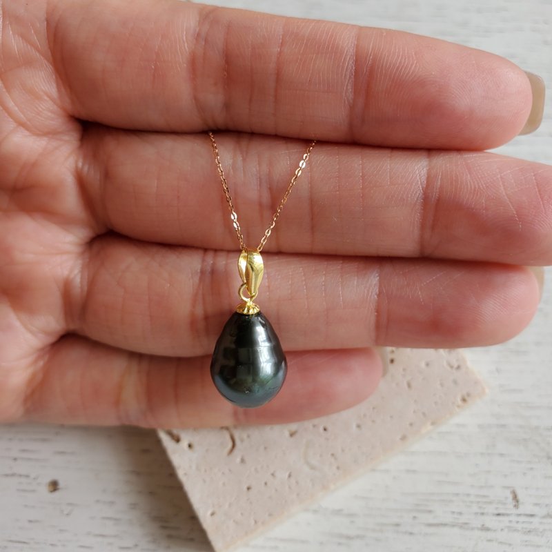 Massive Bead 10.3mm Genuine Circled Natural Tahitian Baroque Drop Pearl Necklace - Necklaces - Pearl Green