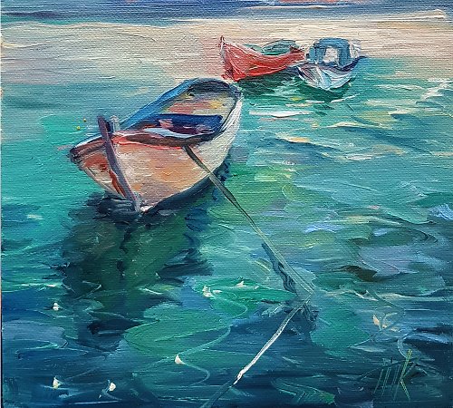 激安出品絵画　油彩画　「船と漁船」 自然、風景画