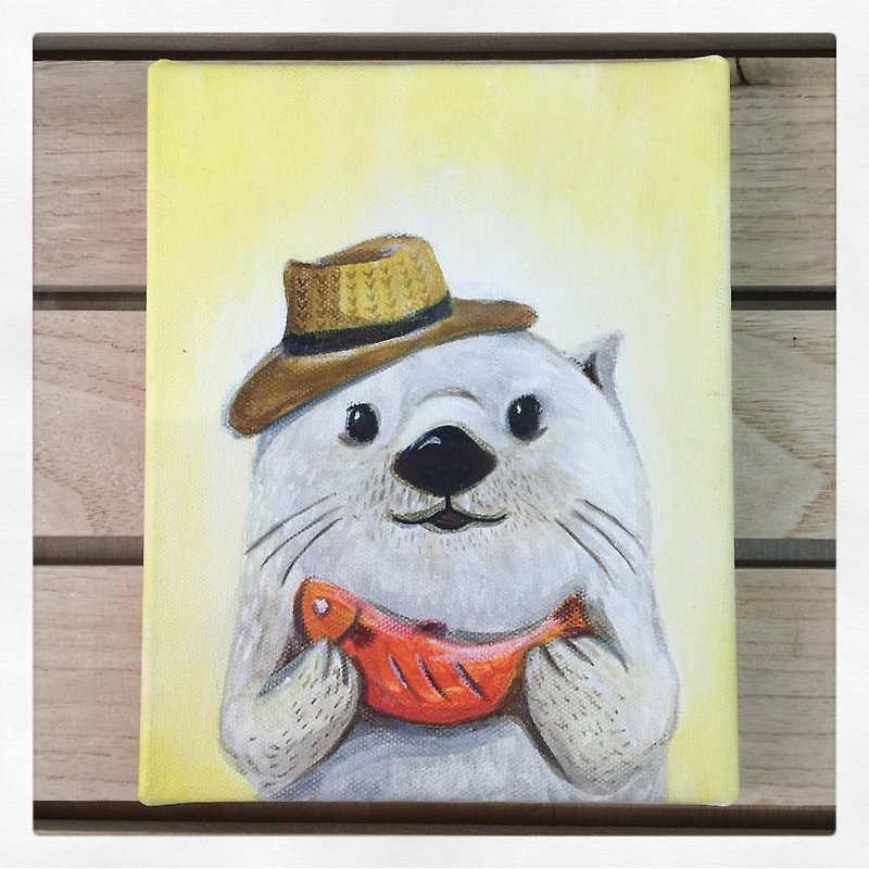 Small frame original painting Mr. Sea Otter's Thoughts_Animals' Daily Life Series - โปสเตอร์ - วัสดุอื่นๆ สีเหลือง