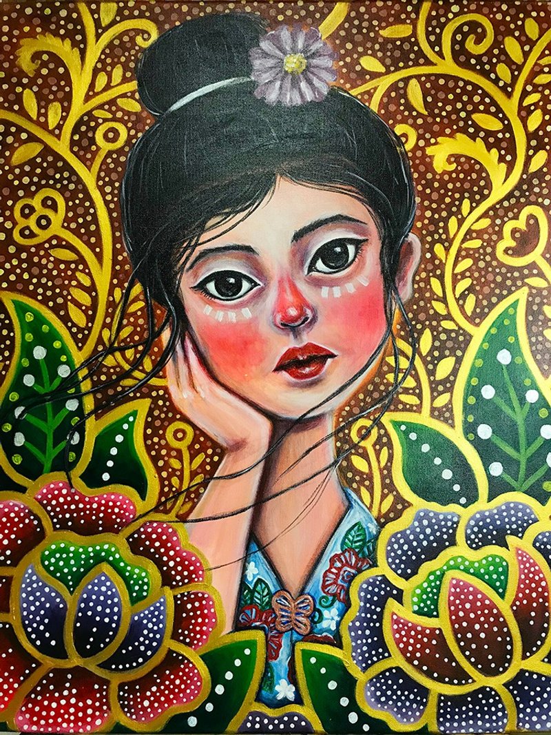 Stare (batik girl 2) Original Painting on canvas - ตกแต่งผนัง - วัสดุอื่นๆ สีส้ม