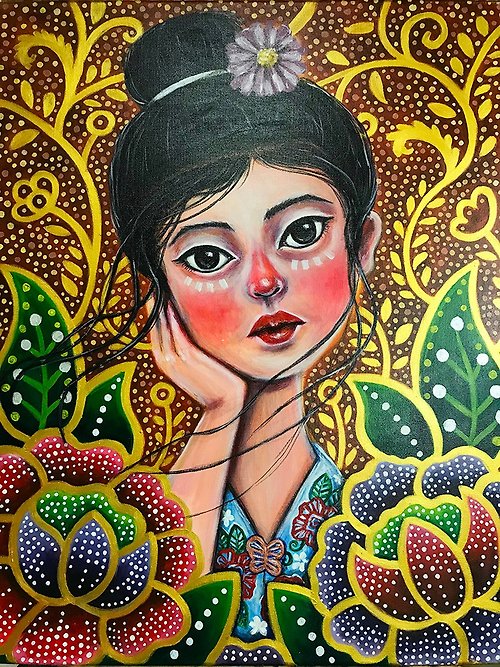 hidden*rainbow Stare (batik girl 2) Original Painting on canvas