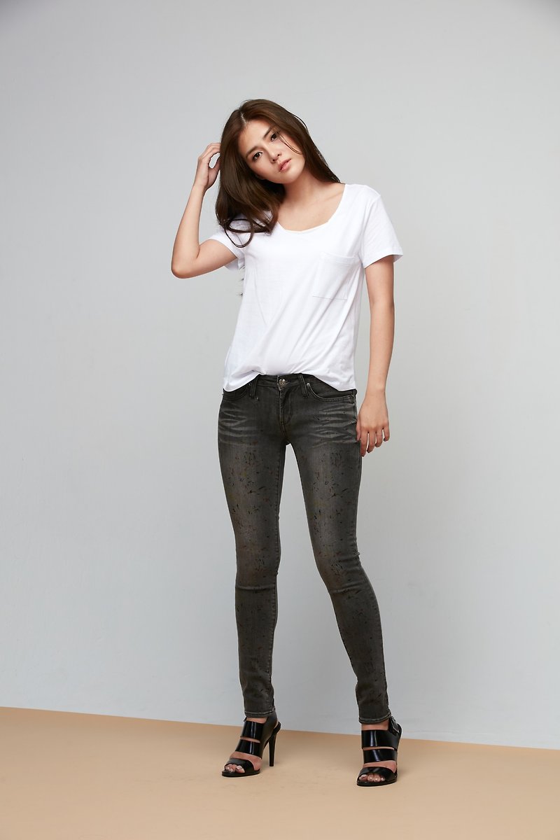 wbp-015-1 hand-painted paint stretch jeans - กางเกงขายาว - ผ้าฝ้าย/ผ้าลินิน สีเทา