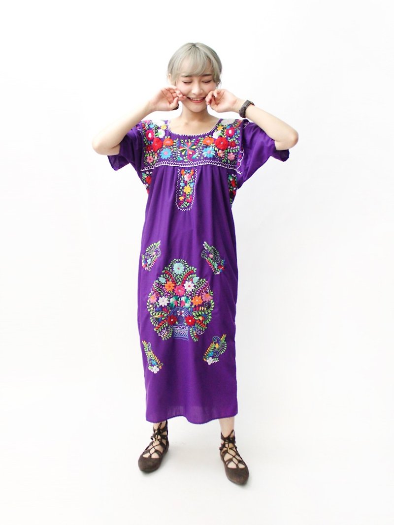 【RE0602MD045】 early summer flowers hand embroidery purple American Mexican embroidery ancient dress - One Piece Dresses - Cotton & Hemp Purple