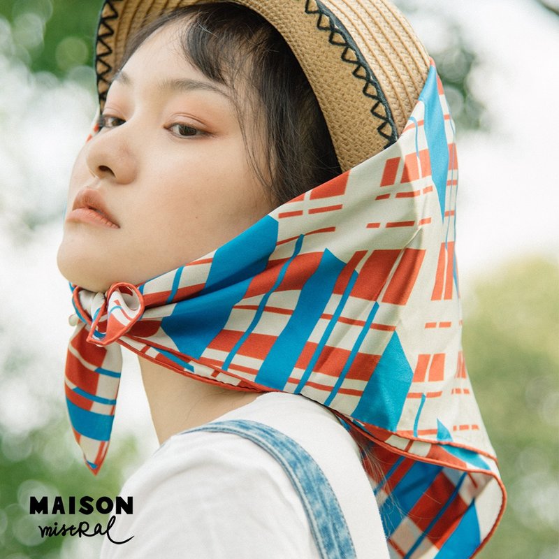 Maison Mistral 藝術家原創插畫光影系列  紅白藍絲巾真絲方巾 - 絲巾 - 絲．絹 紅色