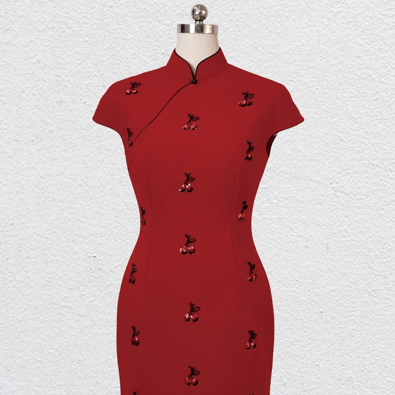 CHAELING Haute Couture Merino Wool Cherry French Embroidery Cheongsam - Qipao - Wool 