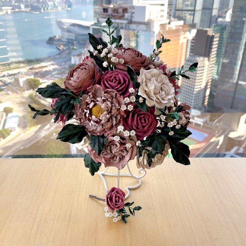 華麗皮革庭園玫瑰結婚花球|手捧花 - 胸花/手腕花 - 真皮 粉紅色