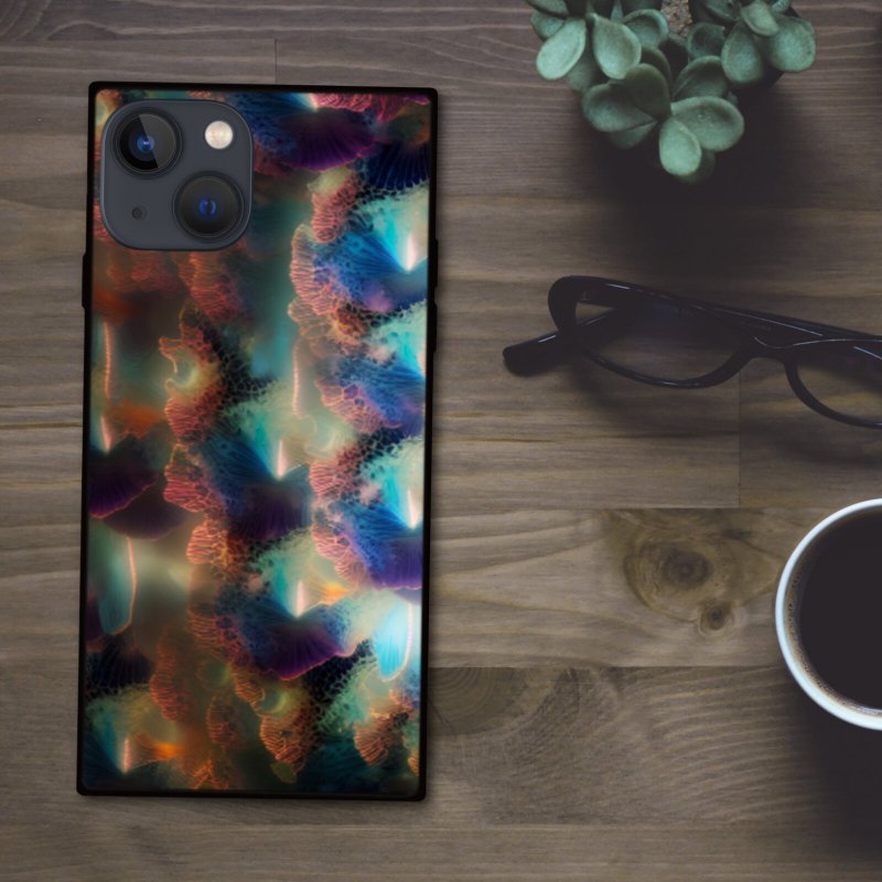 A colorful and mysteriously glowing plant floating in the deep sea. Square smartphone case [tempered glass finish] Compatible with iPhone 15 - เคส/ซองมือถือ - พลาสติก หลากหลายสี