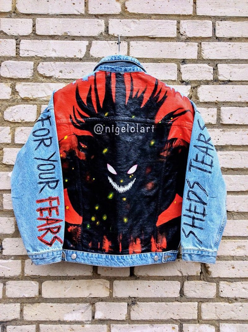 Devilman crybaby Manga Akira fudo 不動 GiFt Painted denim jacket handmade custom - 男夾克/外套 - 棉．麻 多色