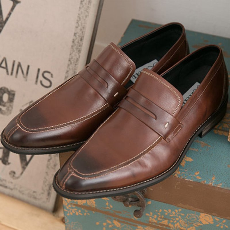Maffeo 樂福鞋 日系簡約質感木紋跟皮鞋 (22111) - 男皮鞋 - 真皮 咖啡色