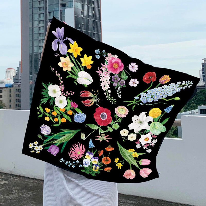 Scarf : silk satin ttq floral scarf : MIDNIGHT - 絲巾 - 絲．絹 黑色