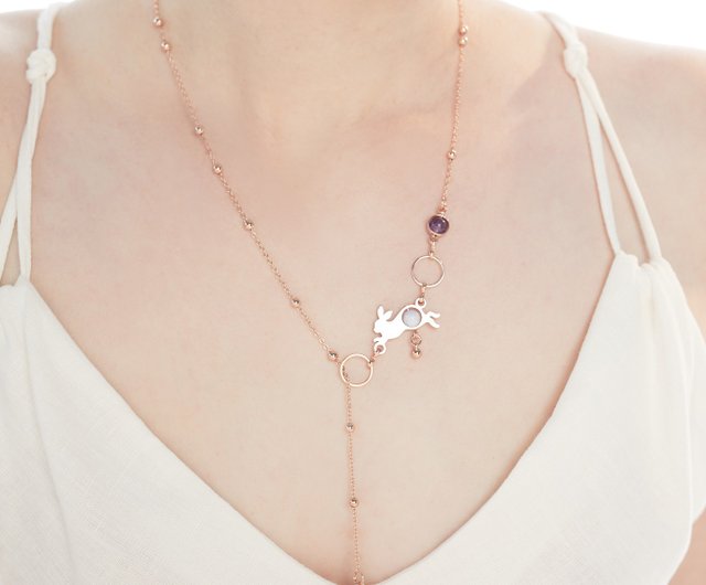 Galaxy Jade Rabbit Y-shaped Necklace ROSE MOON BUNNY - สตูดิโอ