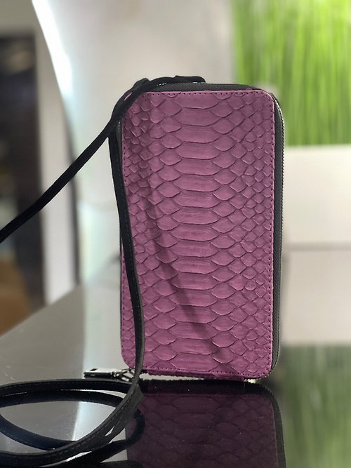 belp-atelier Python Leather Wallet Pink Snakeskin Travel Holder Cell Phone Case Long Wallet