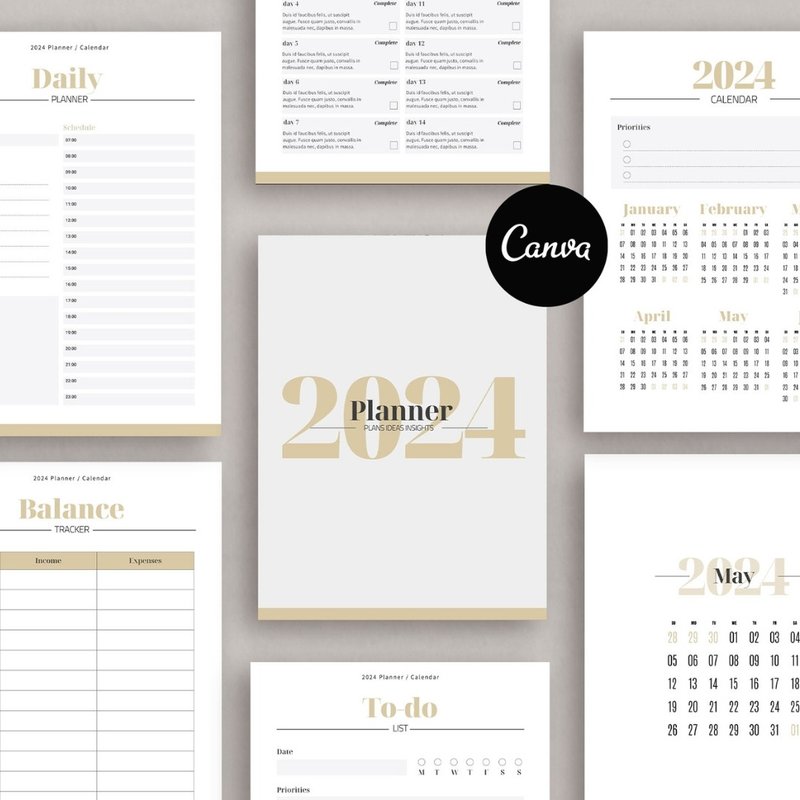 2024 Planner template, 2024 Monthly calendar template, Editable Canva template - 圖文模板設計 - 其他材質 