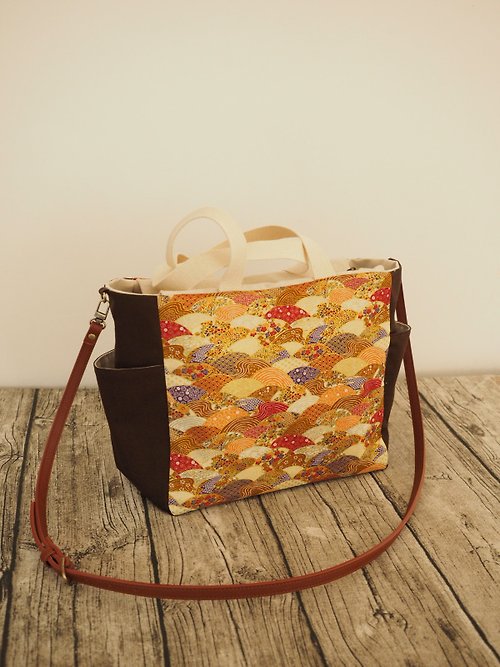 sunflowercorsage 原創手工縫製托特側肩包帆布包 和風金線圖案