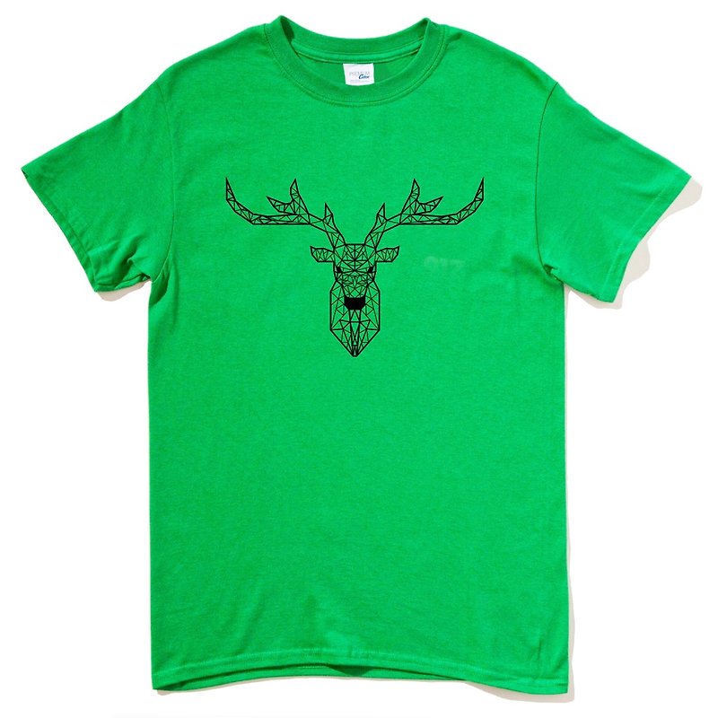 Deer Geometric Short Sleeve T-shirt Green Geometric Deer Universe Design Homemade Brand Milky Way Trendy Round Triangle - เสื้อยืดผู้ชาย - ผ้าฝ้าย/ผ้าลินิน สีเขียว