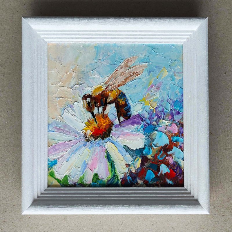 Bee Oil Painting Original Art In Frame Daisy Artwork Gift Idea 手工油畫, 油畫原作 - โปสเตอร์ - วัสดุอื่นๆ หลากหลายสี