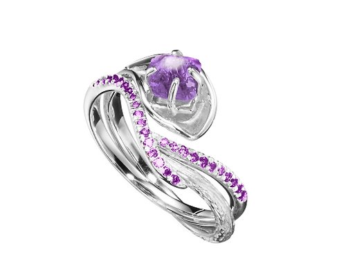 Majade Jewelry Design 紫水晶14k白金馬蹄蓮結婚戒指組合 海芋花原石密鑲求婚戒指套裝