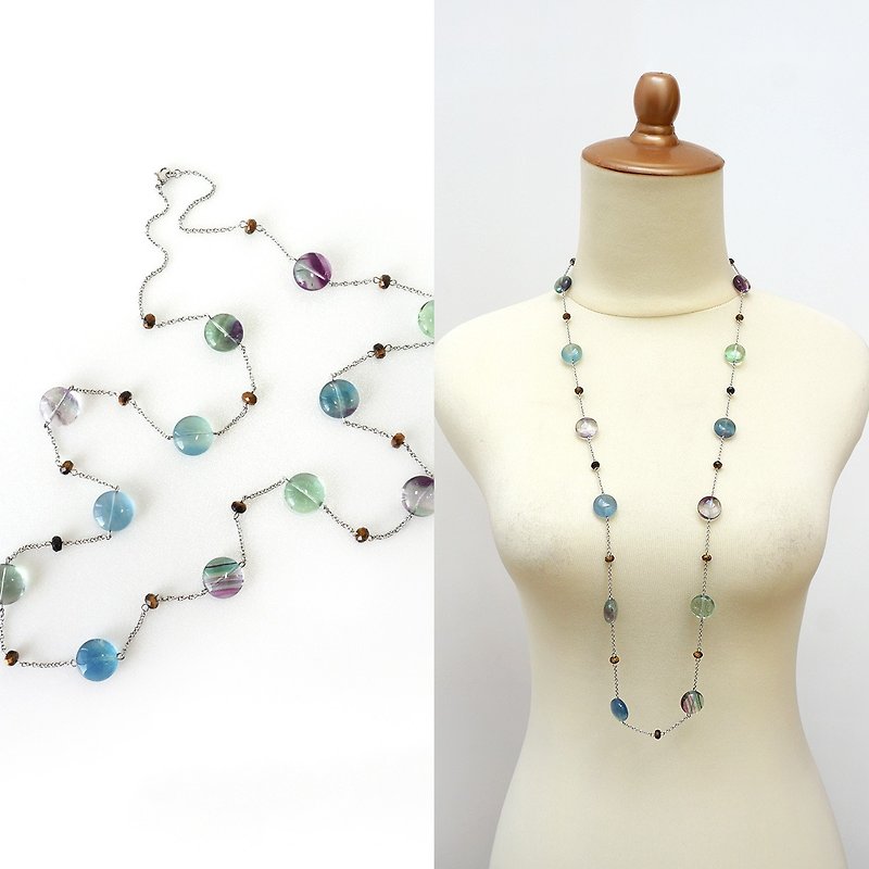 Fluorite Coin Puff Stone Station Necklace - Long Necklaces - Gemstone Multicolor