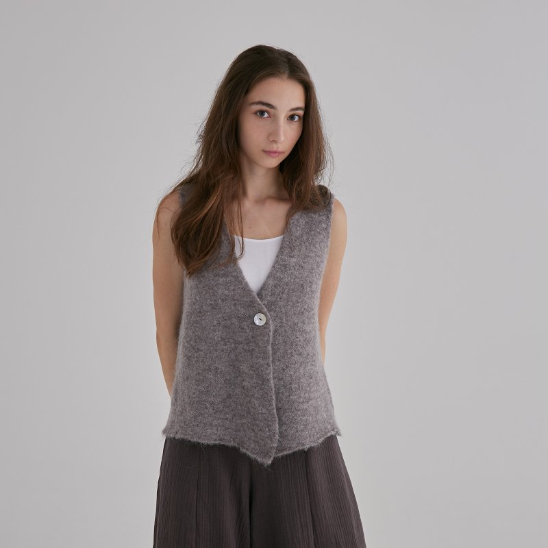 Alpaca Single Button Vest - Warm Gray - เสื้อกั๊กผู้หญิง - ขนแกะ สีเทา