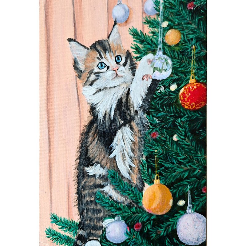 聖誕樹旁的小貓原創手工牆藝術 作者 RinaArtSK - 壁貼/牆壁裝飾 - 其他材質 多色