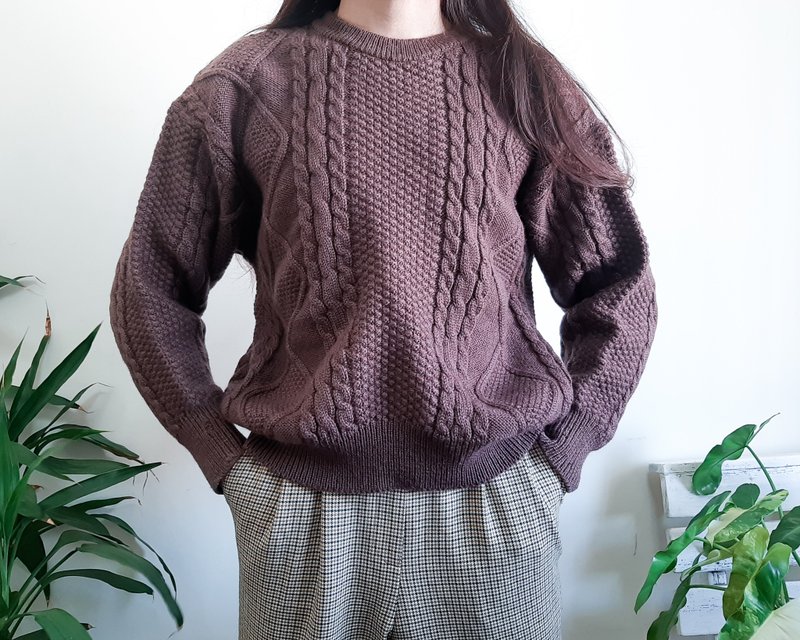 PERRY ELLIS 巧克力棕色漁夫毛衣 Aran 絞花針織毛衣 M 碼 - 女毛衣/針織衫 - 羊毛 咖啡色