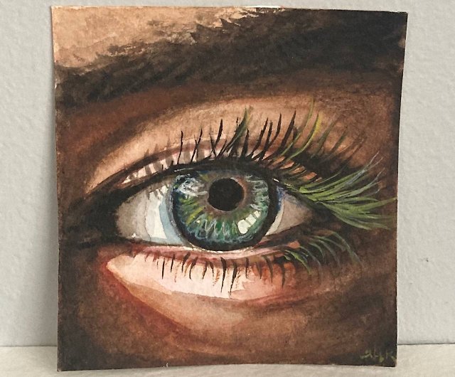 緑の目の絵、オリジナルの小さなアート、細密画、水彩の目の研究 