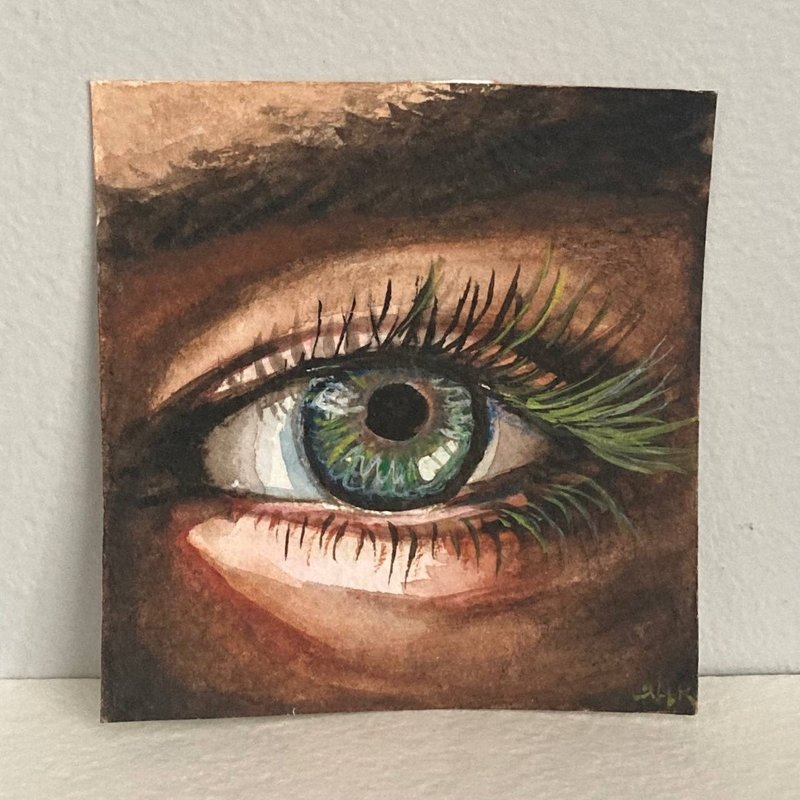 Green Eye Painting, Original Small Art, Miniature Painting, Watercolor Eye Study - 海報/掛畫/掛布 - 紙 綠色