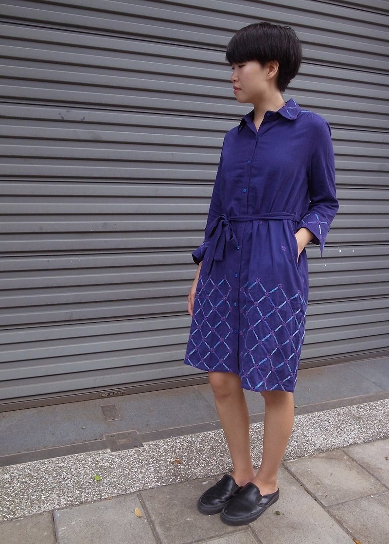 出清品 公平貿易 刺繡 手織 純棉 洋裝  長版襯衫 幾何 藍紫 - 洋裝/連身裙 - 棉．麻 藍色