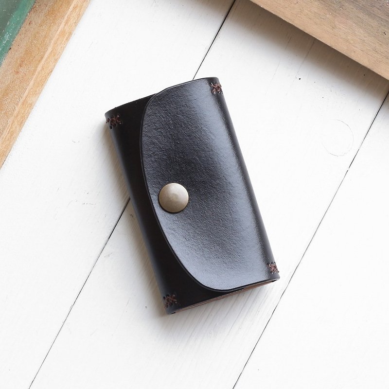 Rustic Stone Black Hand Dyed Vegetable Tanned Calf Leather Handmade Six Hook Key Case - ที่ห้อยกุญแจ - หนังแท้ สีดำ