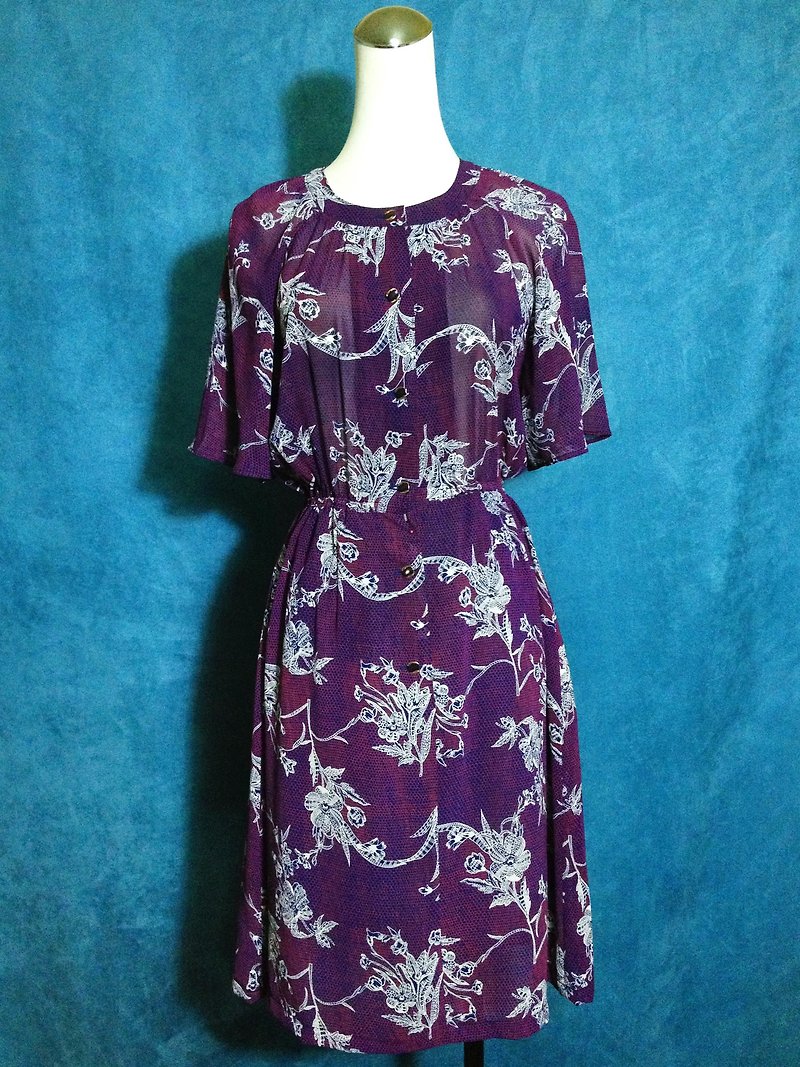 ピンポンヴィンテージ[ヴィンテージドレス/青紫色の花半袖シフォンヴィンテージドレス]外国VINTAGEを戻します