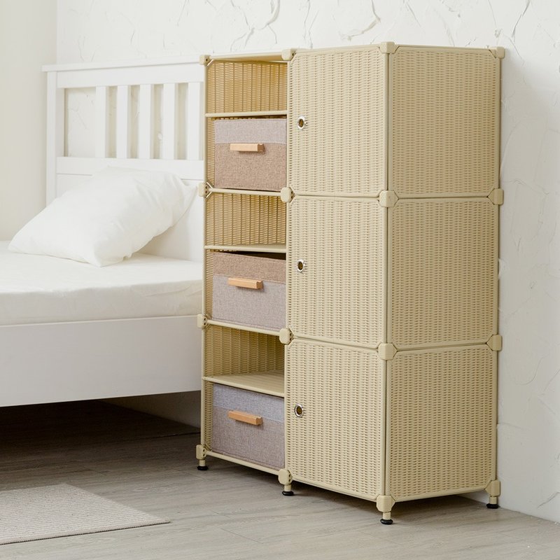 Rattan cube combination 3-layer 6-compartment storage rack (3 door panels + 3 storage boxes + adjustable foot pads)-DIY - กล่องเก็บของ - วัสดุอีโค หลากหลายสี