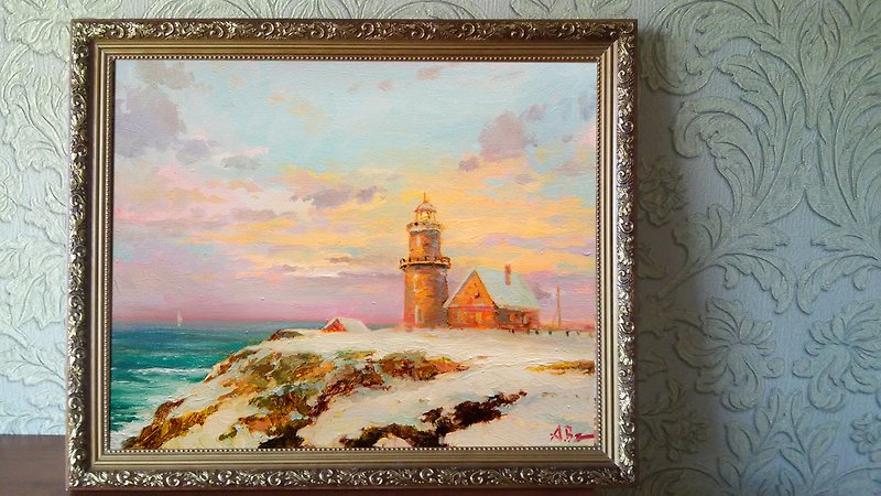 灯台海景雪風景ウォールアート油絵誕生日に最高の贈り物