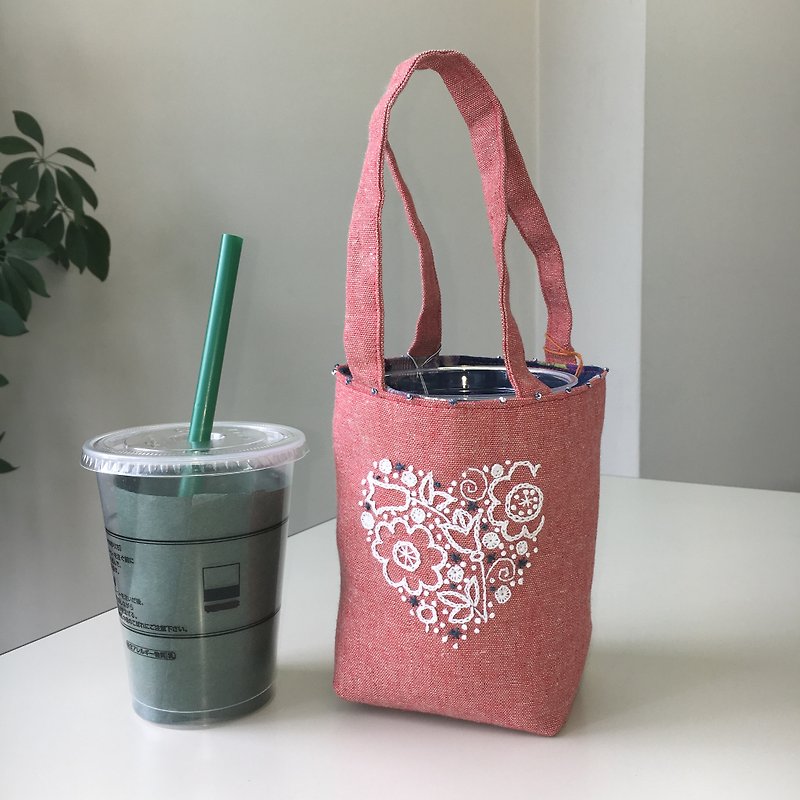 Cafe Bag Heart Flower - กระเป๋าถือ - ผ้าฝ้าย/ผ้าลินิน สีแดง