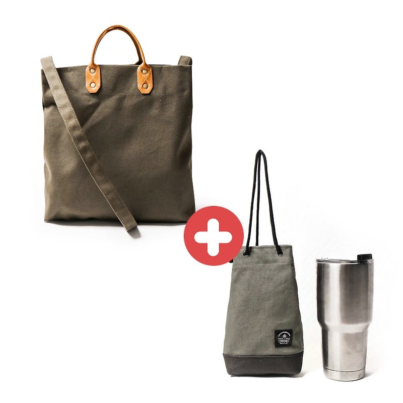 [Lucky Bag] Simple M size genuine leather canvas shopping bag + drink accompanying bag - กระเป๋าแมสเซนเจอร์ - ผ้าฝ้าย/ผ้าลินิน 