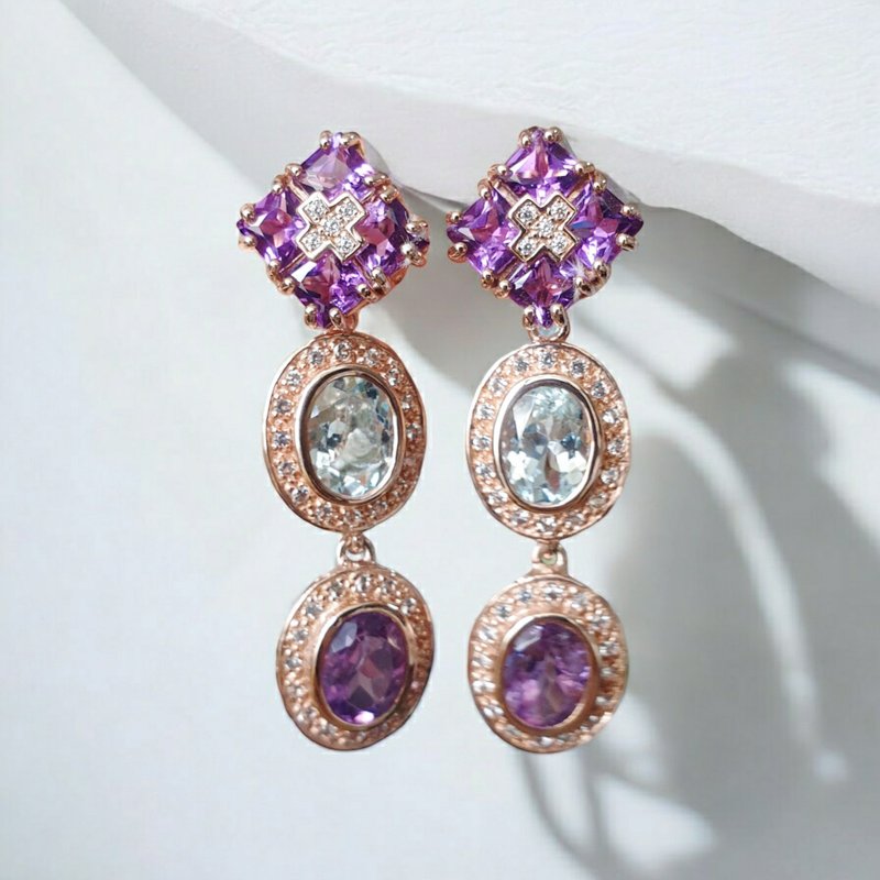 Amethyst, Aquamarine, White topaz dangle earrings in 925 Silver setting - 耳環/耳夾/耳骨夾 - 寶石 紫色