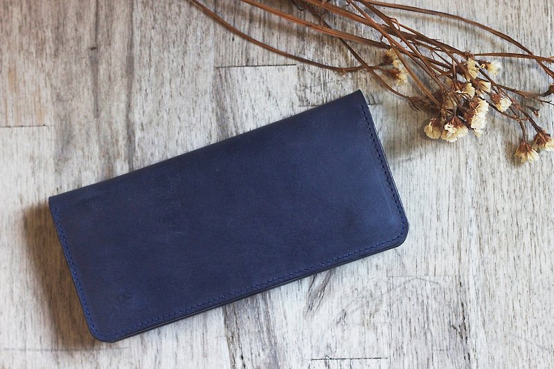 Italy deep sea blue vegetable tanned leather two buckle zipper manual long clip - Wallets - Genuine Leather Blue