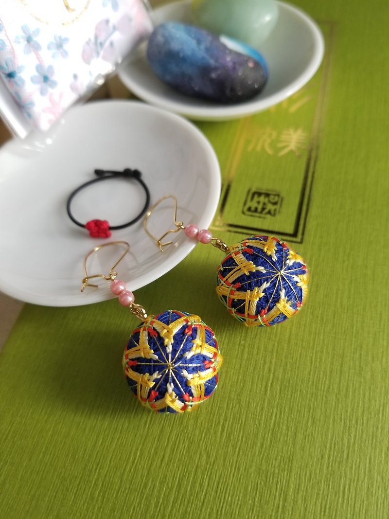 Colorful thread day and small ball earrings - Jinglan (full hand) - Earrings & Clip-ons - Thread Yellow