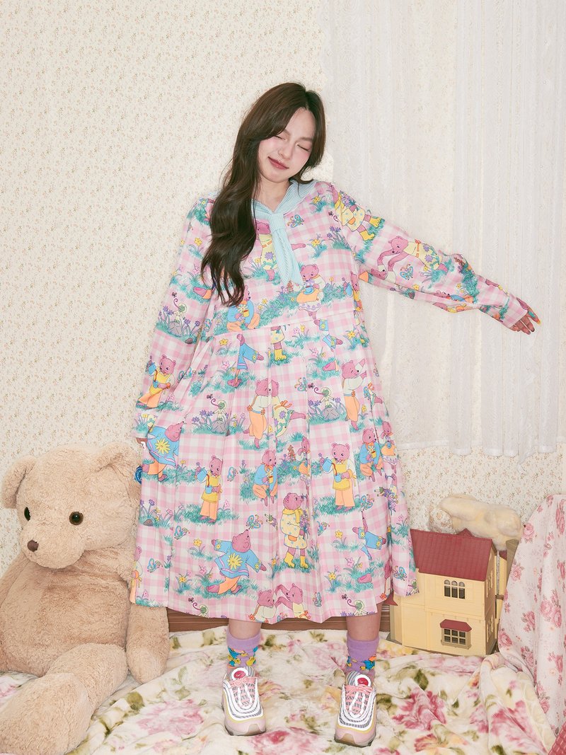 粉色小熊插畫印花可拆海軍領連衣裙 - 連身裙 - 其他材質 多色